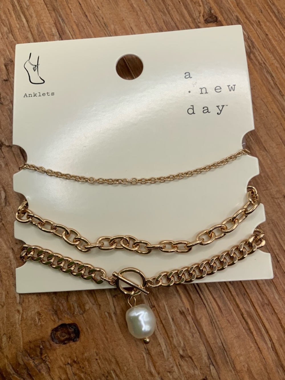 A.New Day 3 Piece Gold White Pearl Charm Layered Anklet Set
